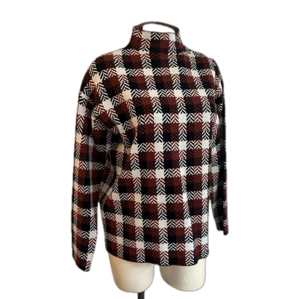 Tahari Mock Neck Long Sleeve /Plaid Sweater  MED NWT